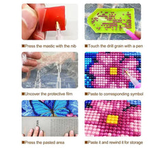 Step-by-step guide on a diamond painting process with close-up shots of hands and tools.