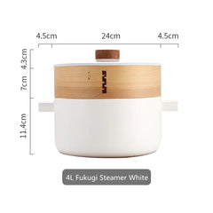 White steamer with wooden lid and dimensions on a white background