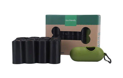 Black dog waste bags with a green bag holder and 'Eco-friendly' box on a white background