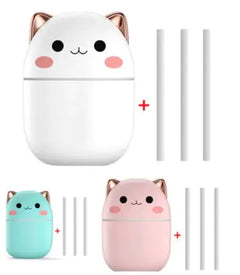 Set of three cute cat-shaped USB drives in white, pink, and blue on a white background.