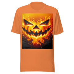Orange t-shirt with a fiery pumpkin face design 