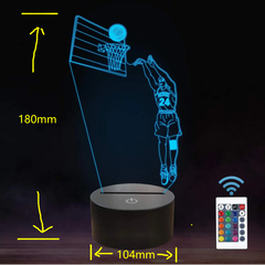 Basketball-themed night light with remote control, dimensions indicated.