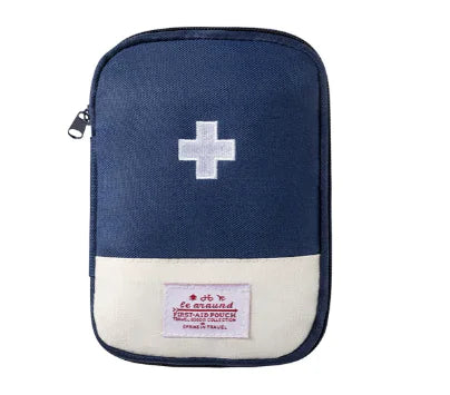 Navy blue first aid kit with a white cross on a white background