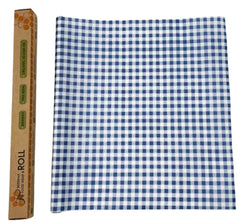 Blue and white checkered roll of beeswax food wrap with a cardboard box on a white background
