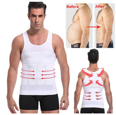 Man wearing a white compression vest with 'Before' and 'After' images showing body transformation.
