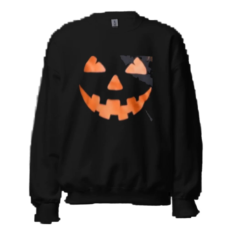 Black sweatshirt with a jack-o'-lantern face design on a white background