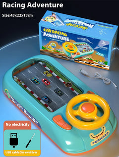 Toy car racing console with steering wheel and track layout, next to its packaging on a reflective surface.