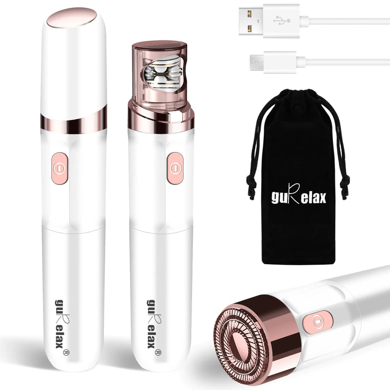 White and rose gold cylindrical facial hair removal device with charging cable, USB adapter, and carrying pouch on a white background.