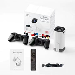 Game projector with controllers, remote, and cable on a white background