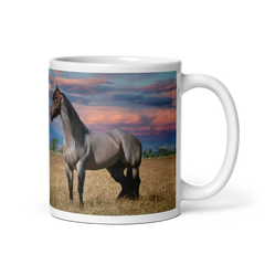 Mug with a horse in a field in front of a purple sky design on a white background