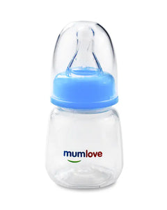 Baby bottle with blue cap and 'mumlove' branding on a white background