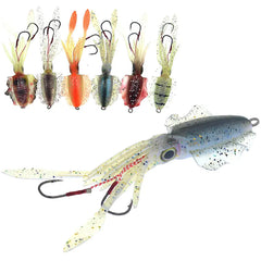 Set of fishing lures including a large squid imitation and smaller hooks on a white background
