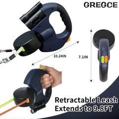 Retractable double leash with measurements and 'Gregge' branding on a white background