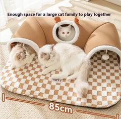 Two cats playing inside a beige pet bed with checkered mat, labeled 'Enough space for a large cat family to play together'.