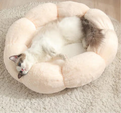 Cat lying on a plush, rounded pet bed on a carpeted floor.