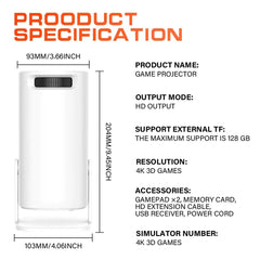Product specification chart for a game projector with dimensions and features listed.