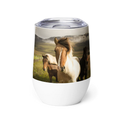 Metal Tumbler with a lid and design of three horses in a field on a white background