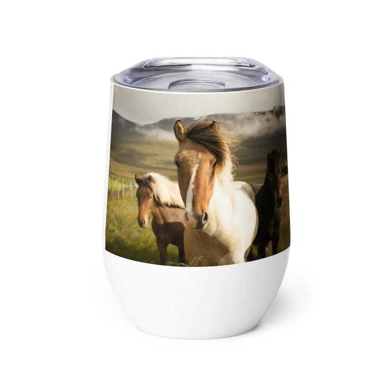 Metal Tumbler with a lid and design of three horses in a field on a white background