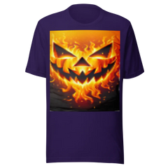 Purple t-shirt with a fiery pumpkin face design on a white background