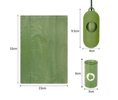 Green biodegradable pet waste bags with measurements displayed on the left and dispenser on the right, with a picture of a whole roll of bags below that