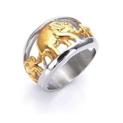 Gold and silver ring with an elephant design called trunks and tails