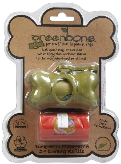 Greenbone dog waste management product packaging with a bone-shaped bag and dispenser.