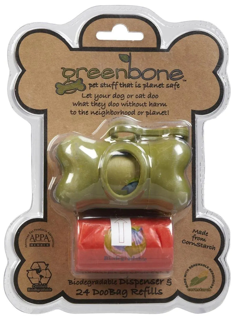 Greenbone dog waste management product packaging with a bone-shaped bag and dispenser.