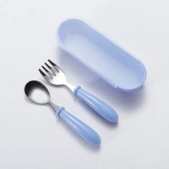 Blue-handled baby spoon and fork set with a blue case on a light gray background