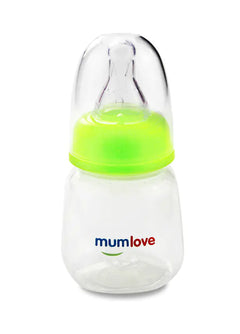 Glass baby bottle with green cap on a white background, featuring the 'mumlove' brand.