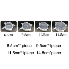 Set of silicone stretch lids with size measurements on a white background