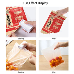 Demonstration of a sealing device on a red package and a clear bag with fruits.