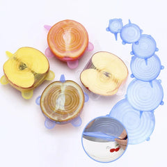 Silicone food covers on fruits and containers with a close-up of a blue cover.