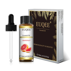 EUQEE grapefruit essential oil bottle with dropper and packaging on a white background
