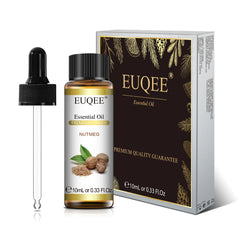 EUQEE Nutmeg essential oil bottle and packaging on a white background