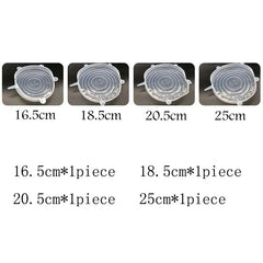 Set of silicone lids with varying sizes and their corresponding measurements on a white background.