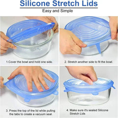 Instructions for using silicone stretch lids on a glass bowl.