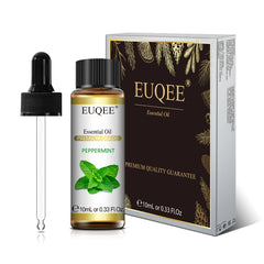 EUQEE peppermint essential oil bottle with dropper and packaging on a white background