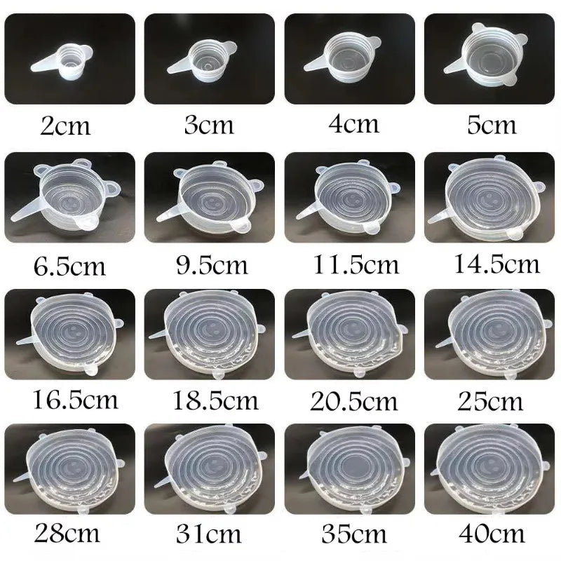 Silicone stretch lids of different sizes on a black background