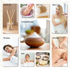 Collage of images related to aromatherapy and self-care activities.
