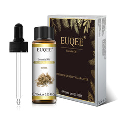 EUQEE essential oil bottle with dropper and packaging on a white background