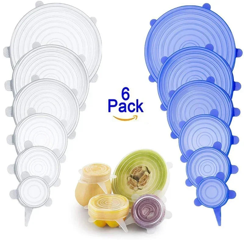 Set of silicone food covers in various sizes with a '6 Pack' label on a white background.