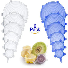 Set of silicone food covers in various sizes with a '6 Pack' label on a white background.
