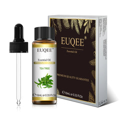 EUQEE essential oil bottle with dropper and packaging on a white background