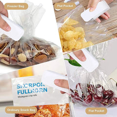 Collage of a hand using a white plastic baggie maker to create various types of bags with snacks.