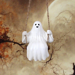 Ghost figure on a swing against a textured wall with autumn leaves.
