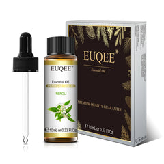 EUQEE essential oil bottle with dropper and packaging on a white background