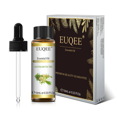 EUQEE essential oil bottle with dropper and packaging on a white background