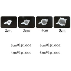 Set of four different sizes of white plastic parts on a black background with measurements below.