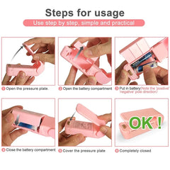 Step-by-step guide on how to use a pink mini heat resealing device with images of hands performing each step.