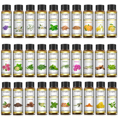 Collection of Euquee essential oil bottles with various labels on a white background